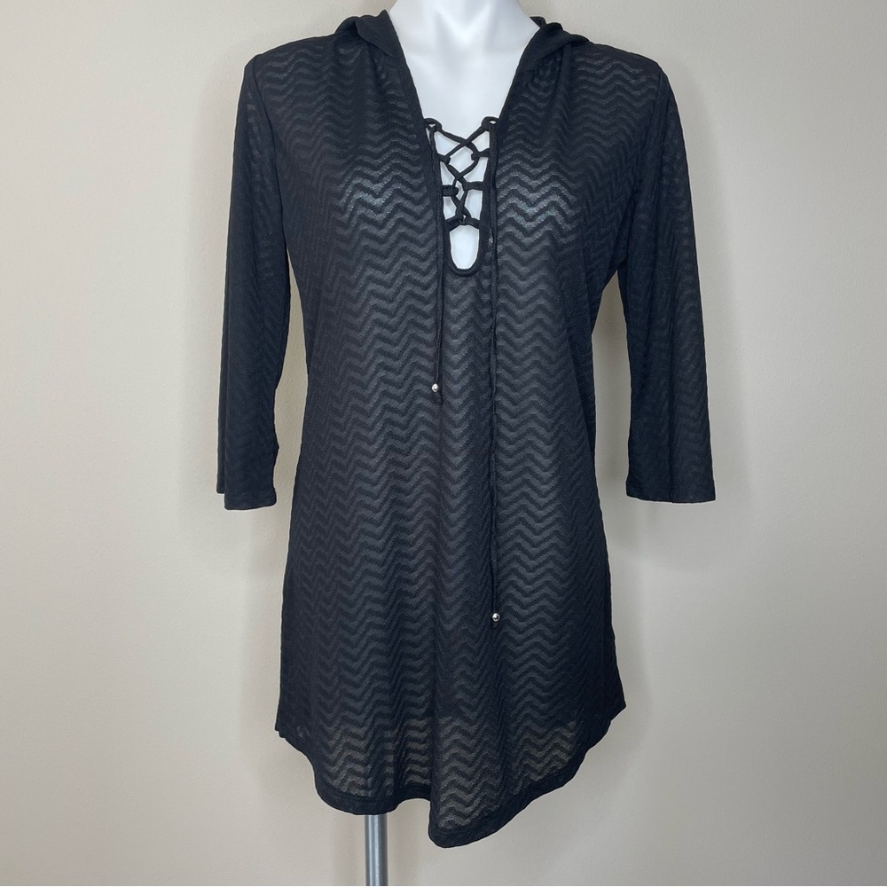 Pacific Beach Chic Black Hooded Swim Coverup with Lace Up Front